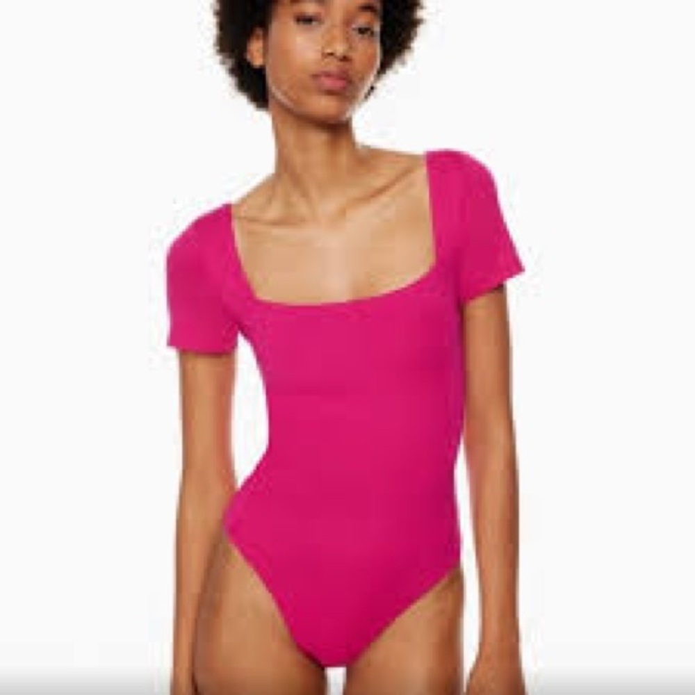 Aritzia- Babaton Contour Squareneck Short Sleeve Bodysuit in Vibrant Pink